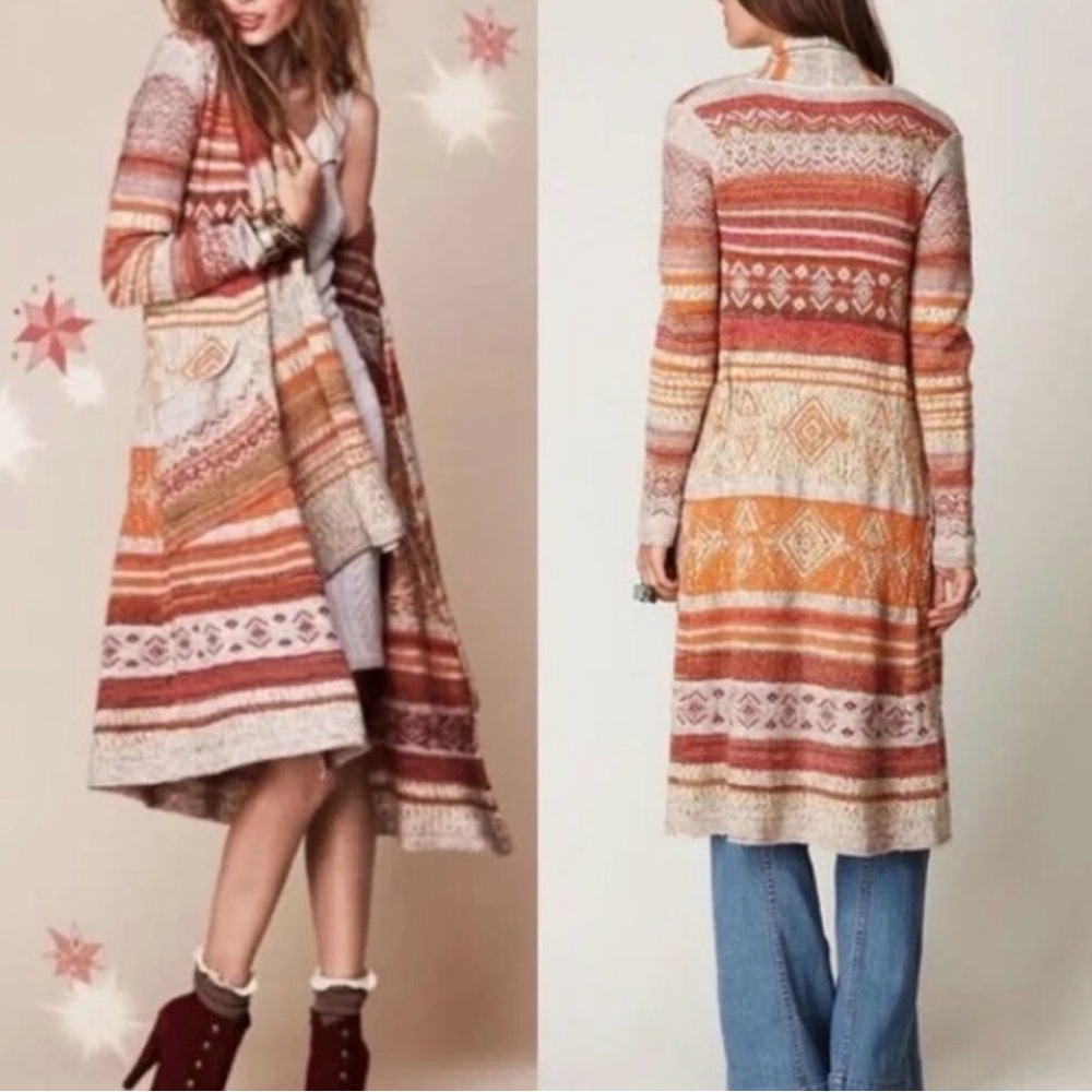 Free People Fair Isle Nordic Print Maxi Cardigan Duster Sweater size Medium